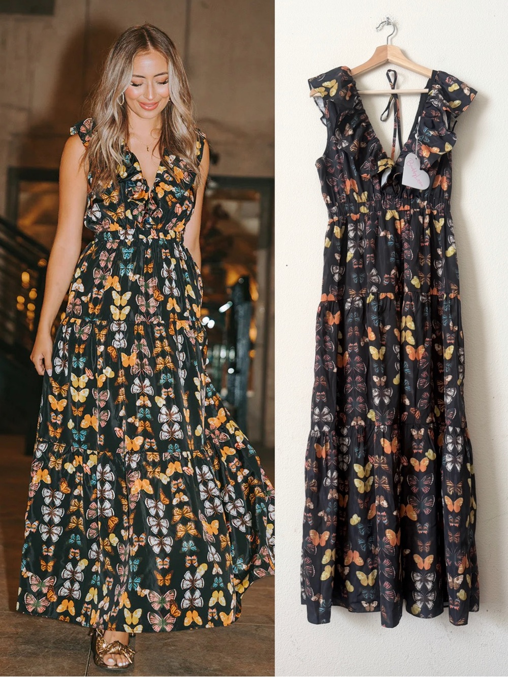 NWT BuddyLove MEDIUM Crawford ruffle sleeve maxi dress in Mariposa butterfly